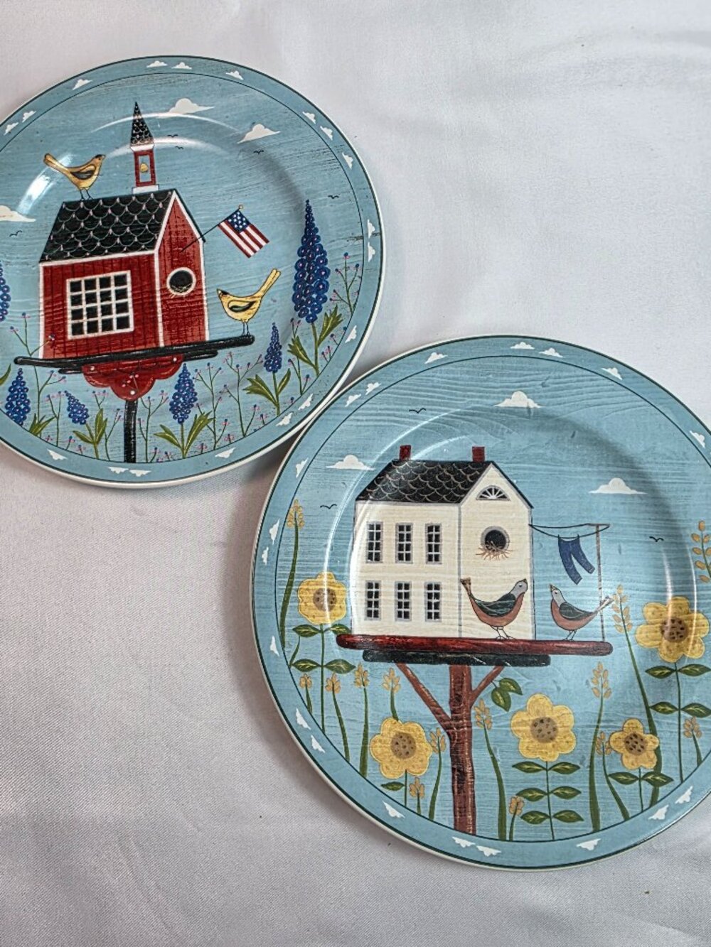 TWO Sakura Birdhouses Salad Plates (Plates A & D) Blue with Birdhouses & Birds